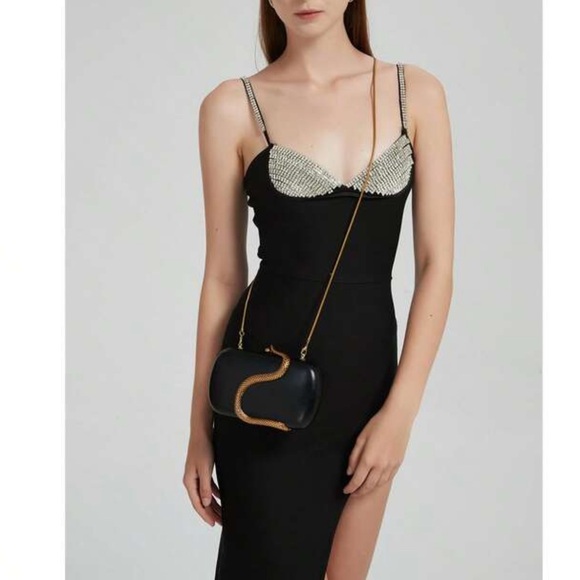 Elegant Black Clutch with Gold Snake Accent